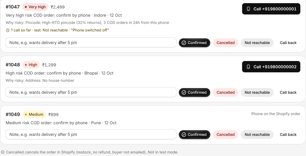 RTOGuard Call list with three risky COD orders, reasons, call buttons and outcome buttons