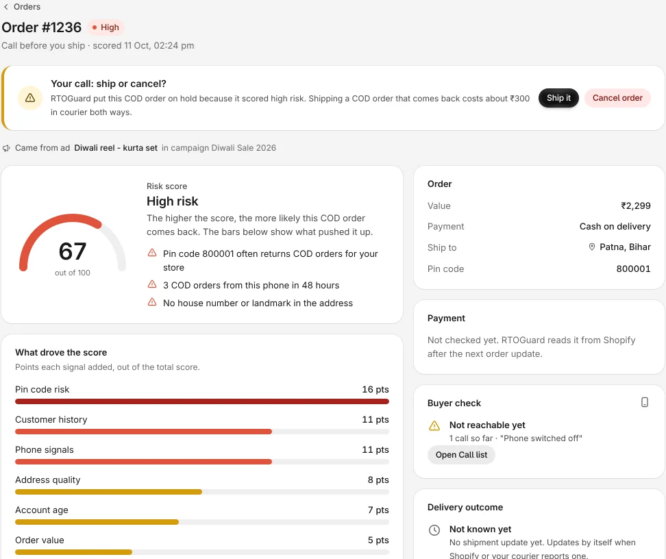 A high risk COD order with score 67 of 100, the reasons, and Ship it or Cancel order buttons